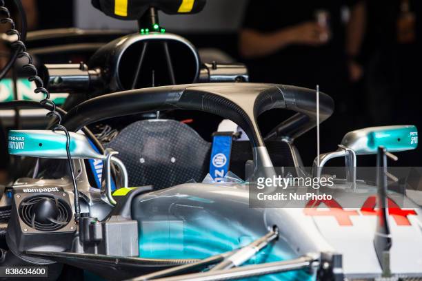 Lewis from Great Britain of team Mercedes GP with the Halo during the Formula One Belgian Grand Prix at Circuit de Spa-Francorchamps on August 24,...