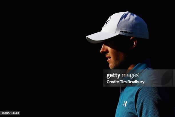 Jordan Spieth of the United States walks on the tenth hole during round one of The Northern Trust at Glen Oaks Club on August 24, 2017 in Westbury,...