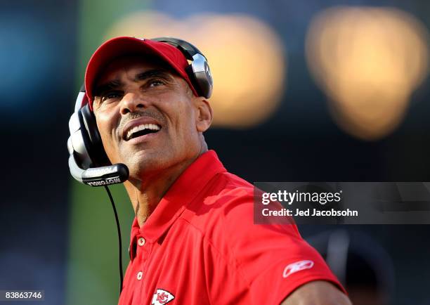 Head coach Herm Edwards of the Kansas City Chiefs looks on against the Oakland Raiders during an NFL game on November 30, 2008 at the Oakland-Alameda...