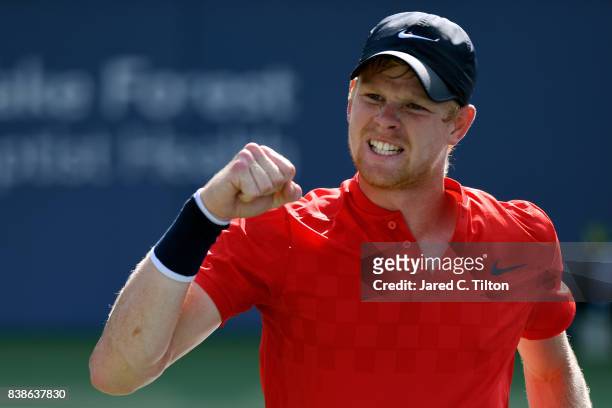 Kyle Edmund of Great Britain reacts after a point against Steve Johnson during their quarterfinals match of the Winston-Salem Open at Wake Forest...