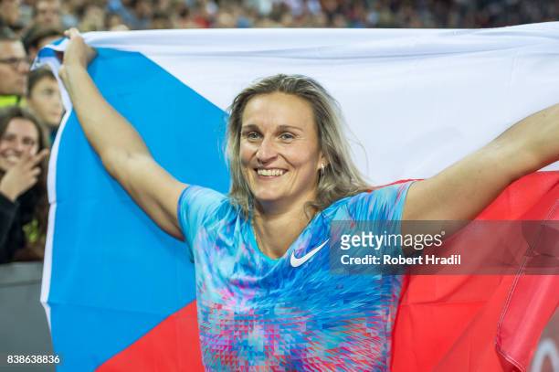 Barbora Spotakova of Czech Republic celebrates her win during the Diamond League Athletics meeting 'Weltklasse' on August 24, 2017 at the Letziground...