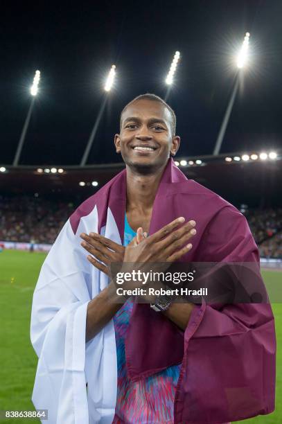 Mutaz Essa Barshim of Qatar celebrates his win during the Diamond League Athletics meeting 'Weltklasse' on August 24, 2017 at the Letziground stadium...