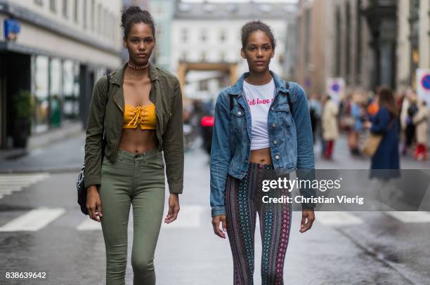 Twin models outside Bik Bok Runway Award on August 24, 2017 in Oslo, Norway.