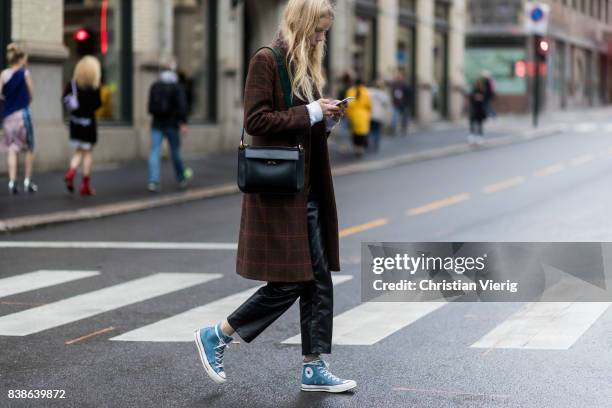 Model outside Bik Bok Runway Award on August 24, 2017 in Oslo, Norway.