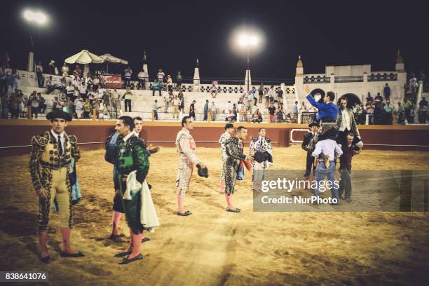 Banderilleros in the temptation of the bulls in Cazalla de la Sierra, Spain, on 20 of August of 2017.