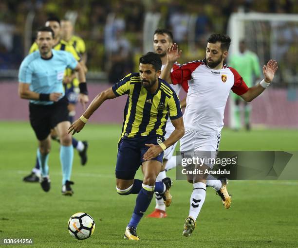 Alper of Fenerbahce in action against Jambul of Vardar during the UEFA Europa League play-off soccer match between Fenerbahce and Vardar at Ulker...