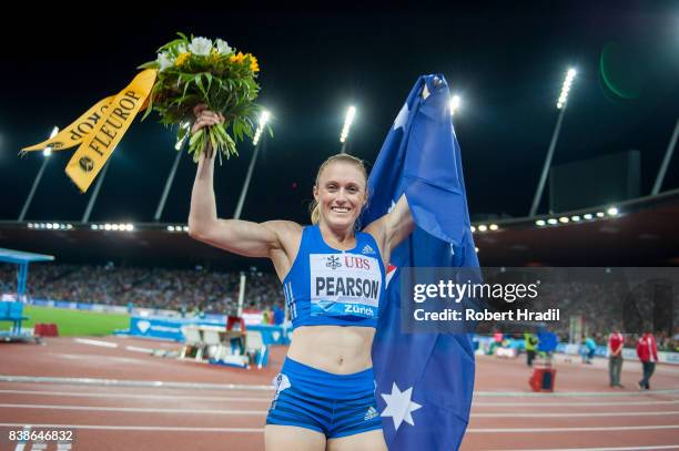 Sally Pearson of Australia celebrates her win during the Diamond League Athletics meeting 'Weltklasse' on August 24, 2017 at the Letziground stadium...