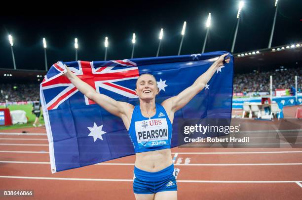 Sally Pearson of Australia celebrates her win during the Diamond League Athletics meeting 'Weltklasse' on August 24, 2017 at the Letziground stadium...