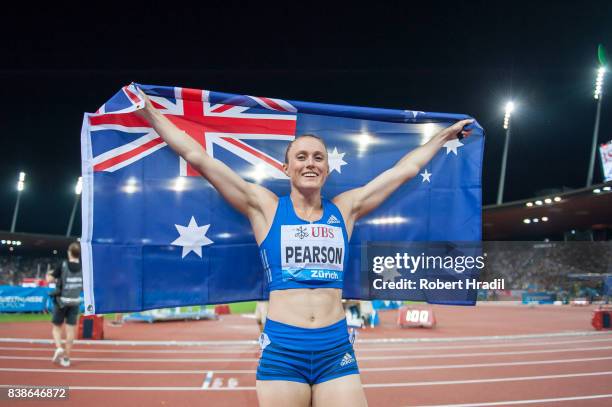 Sally Pearson of Australia celebrates her win during the Diamond League Athletics meeting 'Weltklasse' on August 24, 2017 at the Letziground stadium...