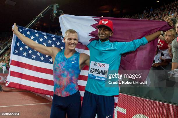 Sam Kendricks of the United States and Mutaz Essa Barshim of Qatar celebrates their win during the Diamond League Athletics meeting 'Weltklasse' on...