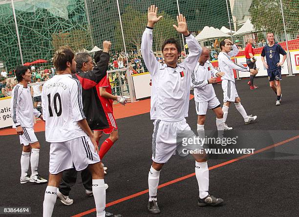 Players from Afghanistan celebrates beating Scotland during the opening matches of 2008 Homeless World Cup football tournament being held in...