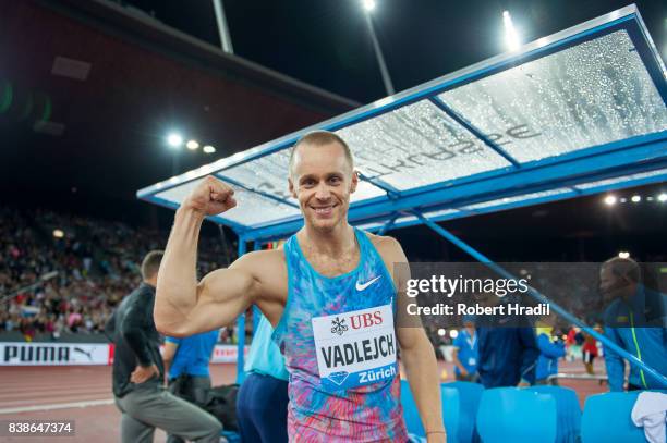 Jakub Vadlejch of Czech Republic celebrates his win during the Diamond League Athletics meeting 'Weltklasse' on August 24, 2017 at the Letziground...