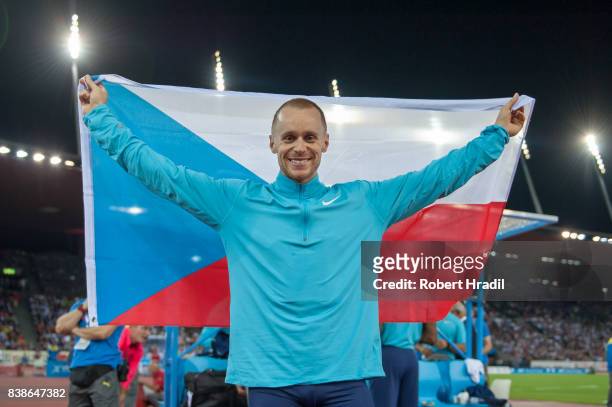 Jakub Vadlejch of Czech Republic celebrates his win during the Diamond League Athletics meeting 'Weltklasse' on August 24, 2017 at the Letziground...