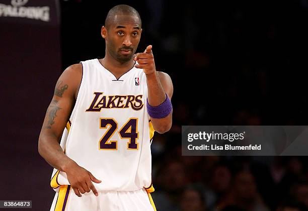 Kobe Bryant of the Los Angeles Lakers reacts during the game against the Toronto Raptors at Staples Center on November 28, 2008 in Los Angeles,...