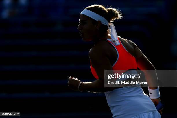 Dominika Cibulkova of Slovakia reacts during her match against Anastasia Pavlyuchenkova of Russia on Day 7 of the Connecticut Open at Connecticut...