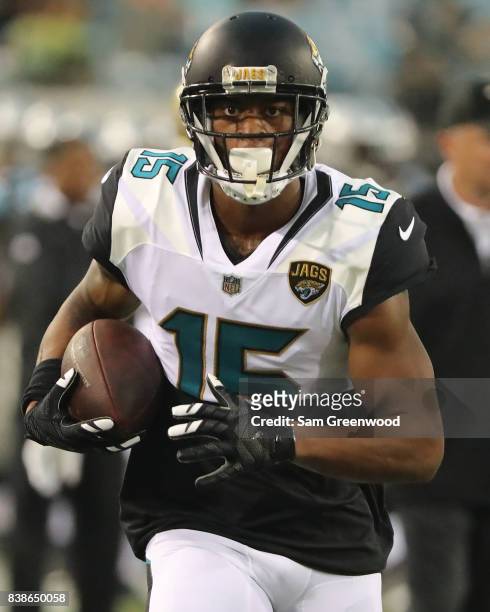 Allen Robinson of the Jacksonville Jaguars warms up during a preseason game against the Carolina Panthers at EverBank Field on August 24, 2017 in...