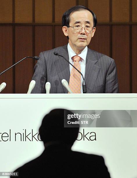 The Bank of Japan Governor Masaaki Shirakawa speaks before business leaders at a hotel in Fukuoka on December 1, 2008. The BOJ will introduce new...