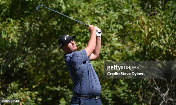 Michael Putnam hits his drive on the 15th hole during round one of the WinCo Foods Portland Open at Pumpkin Ridge Golf Club on August 24, 2017 in...