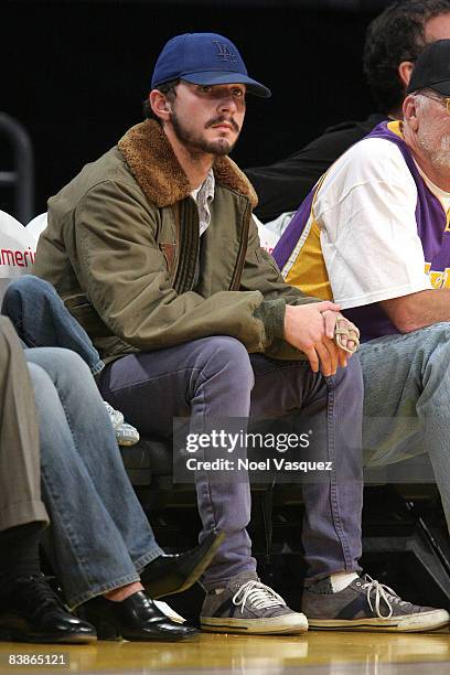 Actor Shia LaBeouf attends the NBA game between Los Angeles Lakers and Toronto Raptors at the Staples Center on November 30, 2008 in Los Angeles,...