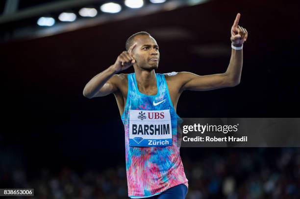 Mutaz Essa Barshim of Qatar celebrates the win during the Diamond League Athletics meeting 'Weltklasse' on August 24, 2017 at the Letziground stadium...