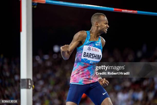 Mutaz Essa Barshim of Qatar celebrates the win during the Diamond League Athletics meeting 'Weltklasse' on August 24, 2017 at the Letziground stadium...