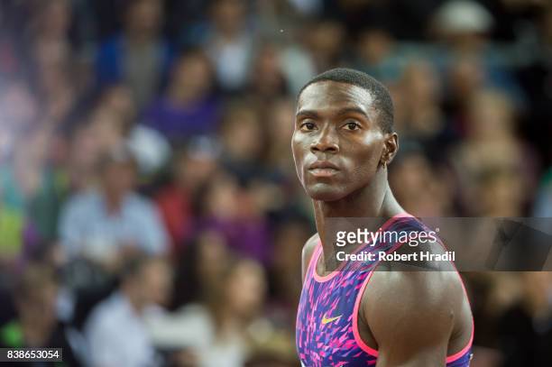 Kerron Clement of the United States looks on during the Diamond League Athletics meeting 'Weltklasse' on August 24, 2017 at the Letziground stadium...