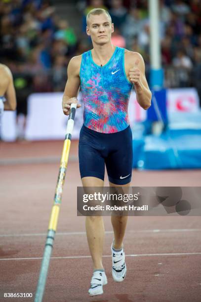 Sam Kendricks of the United States competes in the Men's Pole Vault during the Diamond League Athletics meeting 'Weltklasse' on August 24, 2017 at...