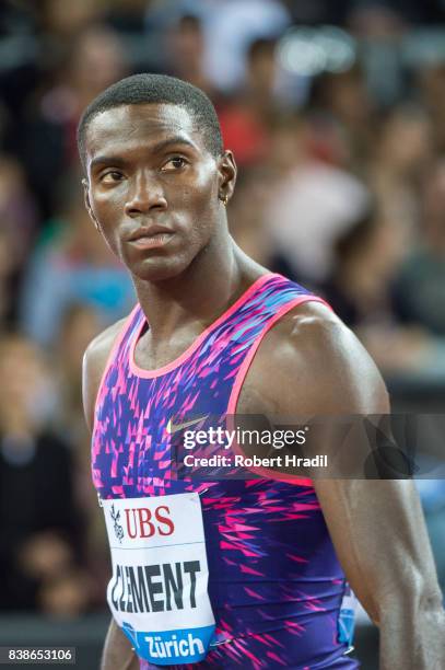 Kerron Clement of the United States looks on during the Diamond League Athletics meeting 'Weltklasse' on August 24, 2017 at the Letziground stadium...