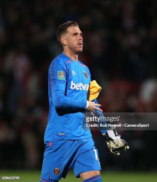 West Ham United's Adrian during the Carabao Cup Second Round match between Cheltenham Town and West Ham United at Whaddon Road on August 23, 2017 in...