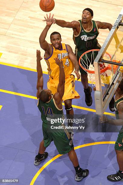 Joe Crawford of the Los Angeles D-Fenders attempts a shot between Dave Noel and Damone Brown of the Reno Bighorns at Staples Center on November 30,...