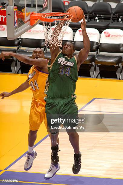 Antonio Meeking of the Reno Bighorns goes up for a shot against Jasper Johnson of the Los Angeles D-Fenders at Staples Center on November 30, 2008 in...