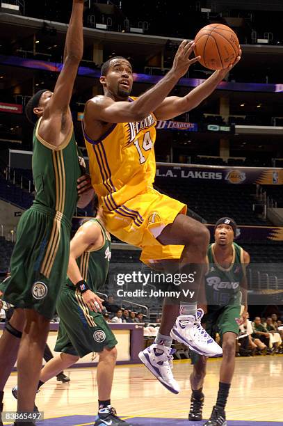 Joe Crawford of the Los Angeles D-Fenders goes up for a shot during the game against the Reno Bighorns at Staples Center on November 30, 2008 in Los...