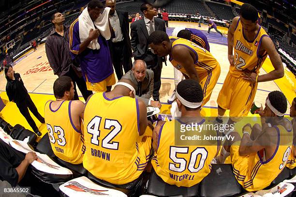Head Coach Dan Panaggio of the Los Angeles D-Fenders instructs his team during a timeout in their game against the Reno Bighorns at Staples Center on...