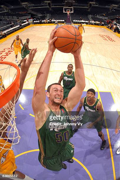 Jesse Smith of the Reno Bighorns pulls down a rebound during the game against the Los Angeles D-Fenders at Staples Center on November 30, 2008 in Los...