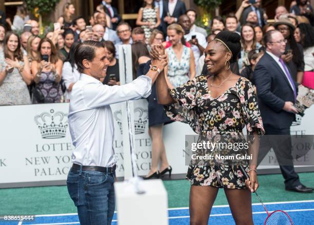 Tennis players Rafael Nadal and Venus Williams play badminton during the 2017 Lotte New York Palace Invitational at Lotte New York Palace on August...