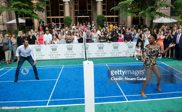 Tennis players Rafael Nadal and Venus Williams play badminton during the 2017 Lotte New York Palace Invitational at Lotte New York Palace on August...