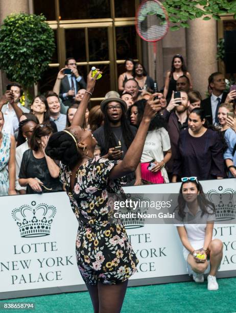 Tennis player Venus Williams plays badminton during the 2017 Lotte New York Palace Invitational at Lotte New York Palace on August 24, 2017 in New...