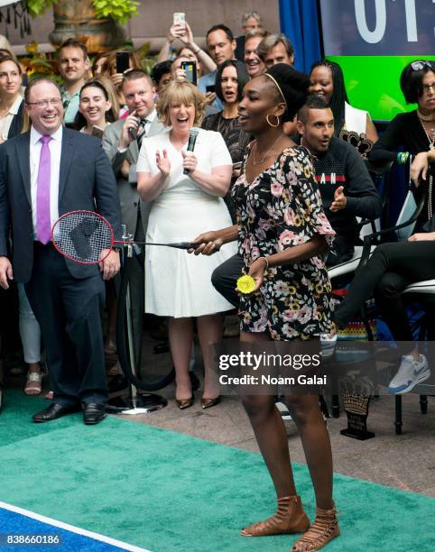 Tennis player Venus Williams plays badminton during the 2017 Lotte New York Palace Invitational at Lotte New York Palace on August 24, 2017 in New...