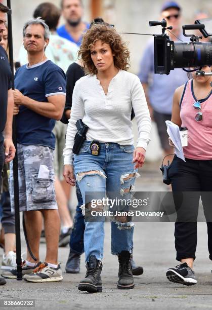 Jennifer Lopez seen on location for 'Shades of Blue' in Queens on August 24, 2017 in New York City.