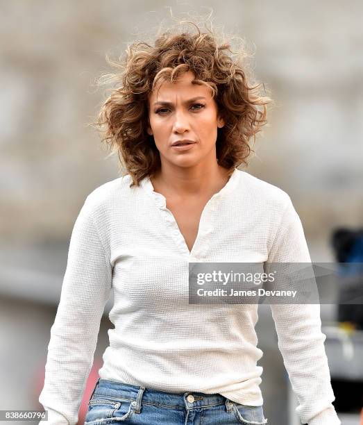 Jennifer Lopez seen on location for 'Shades of Blue' in Queens on August 24, 2017 in New York City.