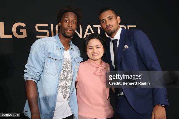 Tennis player Gael Monfils, Head of Home Appliances for LG Signature Peggy Ang and tennis player Nick Kyrgios attend Citi Taste Of Tennis at W New...