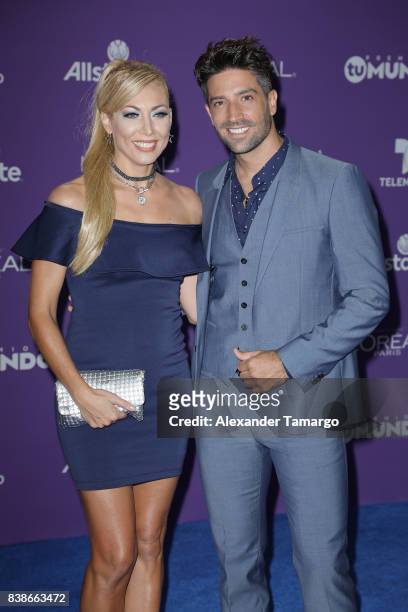 Carolina Laursen and David Chocarro arrive at Telemundo's 2017 "Premios Tu Mundo" at American Airlines Arena on August 24, 2017 in Miami, Florida.