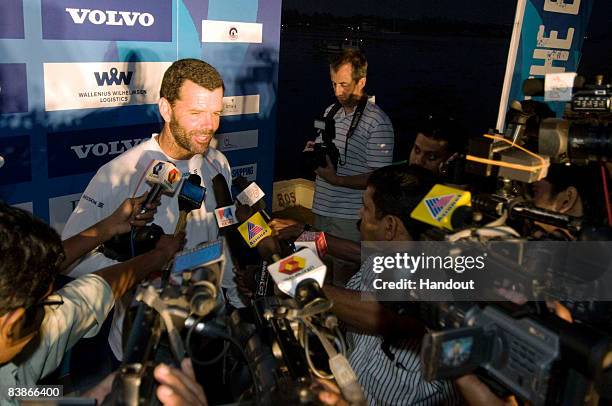 In this handout image provided by Volvo Ocean Race, Ericsson 4's skipper Torben Grael from Brazil is interviewed by the media on arriving at Port...