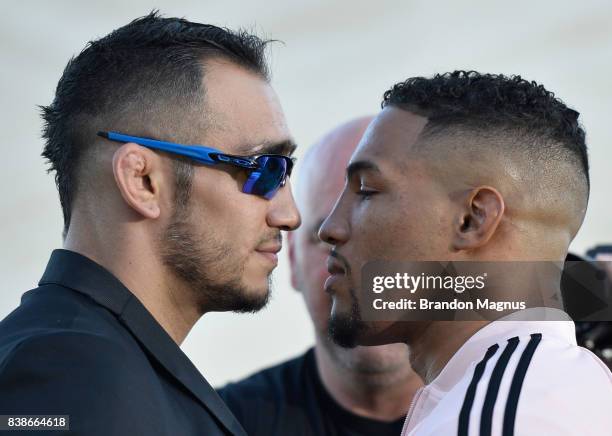 Opponents Tony Ferguson and Kevin Lee face off during the UFC 215 & UFC 216 Title Bout Participants Las Vegas Media Day at the UFC Headquarters on...