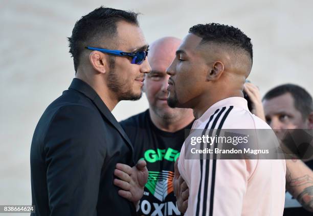 Opponents Tony Ferguson and Kevin Lee face off during the UFC 215 & UFC 216 Title Bout Participants Las Vegas Media Day at the UFC Headquarters on...