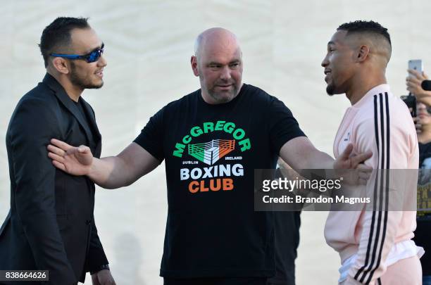 Opponents Tony Ferguson and Kevin Lee face off during the UFC 215 & UFC 216 Title Bout Participants Las Vegas Media Day at the UFC Headquarters on...