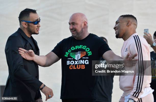 Opponents Tony Ferguson and Kevin Lee face off during the UFC 215 & UFC 216 Title Bout Participants Las Vegas Media Day at the UFC Headquarters on...