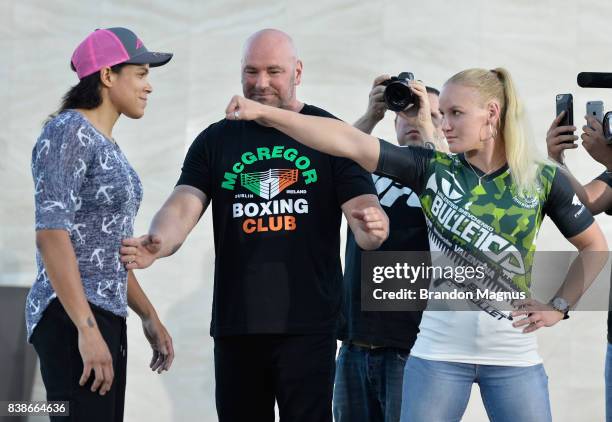 Opponents Amanda Nunes of Brazil and Valentina Shevchenko of Kyrgyzstan face off during the UFC 215 & UFC 216 Title Bout Participants Las Vegas Media...