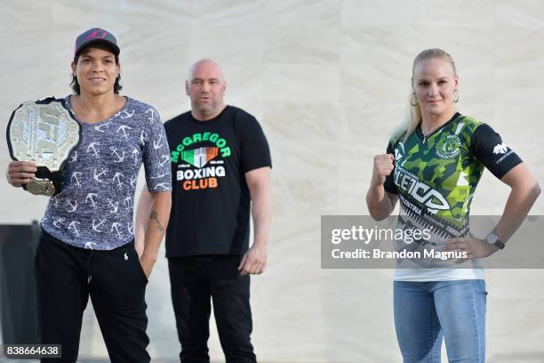 Opponents Amanda Nunes of Brazil and Valentina Shevchenko of Kyrgyzstan pose during the UFC 215 & UFC 216 Title Bout Participants Las Vegas Media Day...