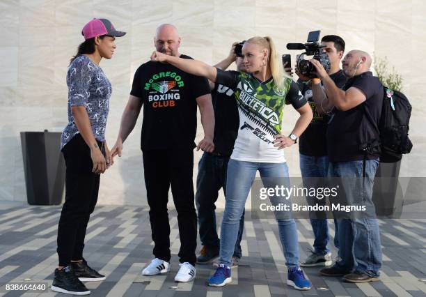 Opponents Amanda Nunes of Brazil and Valentina Shevchenko of Kyrgyzstan face off during the UFC 215 & UFC 216 Title Bout Participants Las Vegas Media...